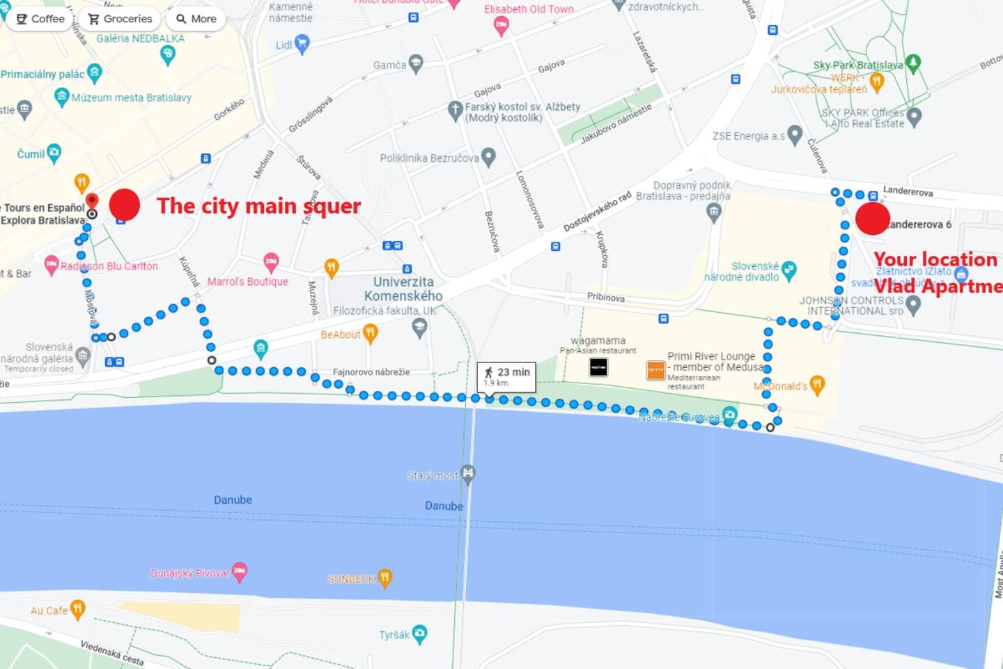 Self check-in, Danube bank, free parking